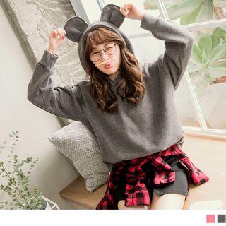 Ear Accent Fleece-lined Drawstring Hoodie