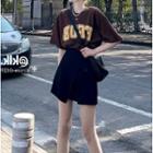 Short-sleeve Lettering T-shirt / Front-slit Mini Pencil Skirt / Set