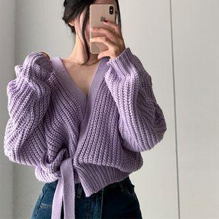 V-neck Plain Tie-waist Cardigan