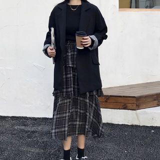 Plaid Panel Blazer / Tiered Midi Skirt