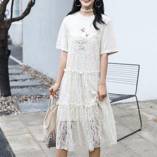 Set: Elbow-sleeve T-shirt Dress + Spaghetti Strap Midi Lace Dress