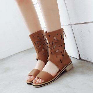 Faux-leather Cutout Low-heel Boot Sandals