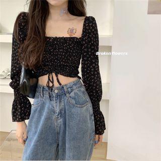 Floral Drawstring Smocked Crop Top Black - One Size