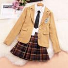 Set: Long-sleeve Cropped Shirt + Tie + Logo Blazer + Mini Skirt