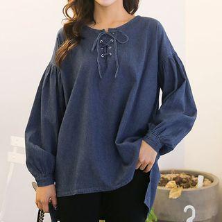 Lace-up Bishop-sleeve Denim Top