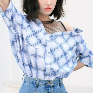 Asymmetric Plaid Short-sleeve Blouse
