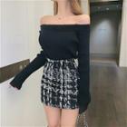 Plain Off-shoulder Long-sleeve Knit Top / Color-block Tweed High-waist Skirt