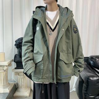 Hooded Badge Embroidered Zip Jacket