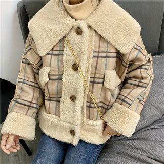 Faux-shearling Panel Plaid Button Jacket