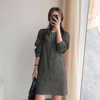 Round-neck Buttoned Checked Mini Dress