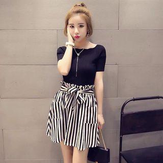 Set Of Two: Short Sleeve Plain Top + Tie-waist Striped Midi Skirt