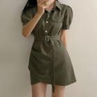 Short Sleeve Collar Belt-accent Mini Cargo Dress