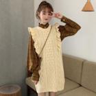 Plaid Long-sleeve Blouse / Ruffle Trim Sleeveless Knit Dress