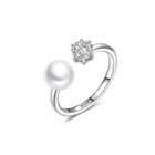 925 Sterling Silver Simple Fashion Geometric Round White Freshwater Pearl Adjustable Open Ring With Cubic Zirconia Silver - One Size