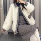 Plaid Panel Fleece Button-up Jacket / Pencil Skirt / Set