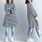 Long-sleeve Striped A-line T-shirt Dress Stripes - Blue & White - One Size