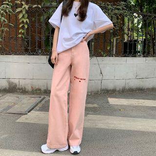 Heart Embroidered Straight-leg Jeans