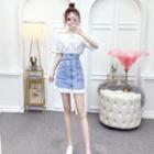 Set: Short-sleeve Lace Top + Denim Skirt