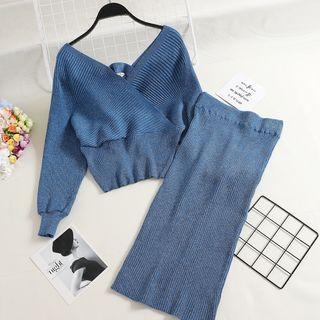 Set: Long-sleeve V-neck Knit Top + Straight Cut Midi Knit Skirt