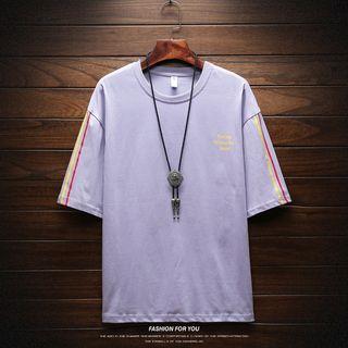 Elbow-sleeve Striped Trim Letter T-shirt