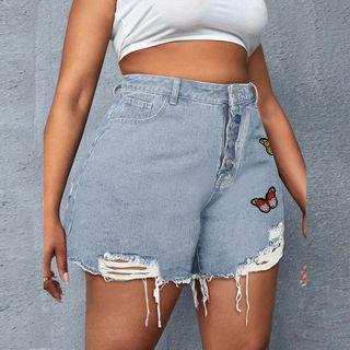 Distressed Butterfly Applique Denim Shorts