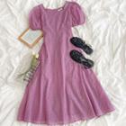 Puff-sleeve Square-neck A-line Dress Pink - One Size