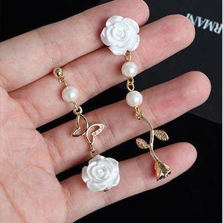 Asymmetrical Faux Pearl Rose Drop Earring / Clip-on Earring