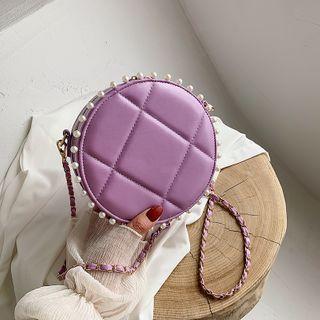 Faux Pearl Quilted Faux Leather Round Crossbody Bag