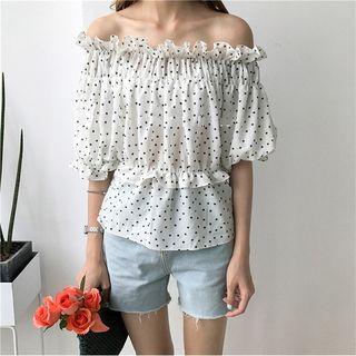 3/4-sleeve Polka Dot Off-shoulder Top