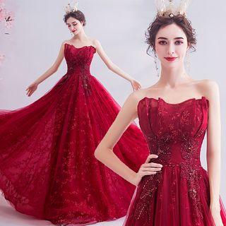 Flower Applique Strapless A-line Evening Gown