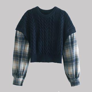 Long Sleeve Mock Two Piece Plaid Panel Sweater