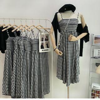 Set: Spaghetti-strap Gingham Midi A-line Dress + Cardigan