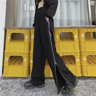 Elastic-waist Zip-side Straight-cut Pants