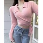 Long-sleeve Plain Slim-fit Cropped Knit Top