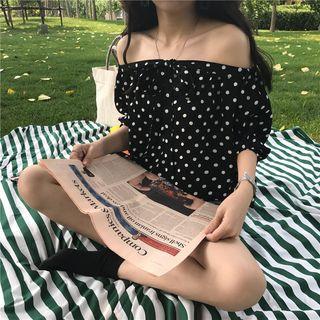 Dotted Open Shoulder Elbow-sleeve Chiffon Top