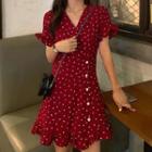 Dotted Short-sleeve Mini A-line Dress Dotted - Red - One Size