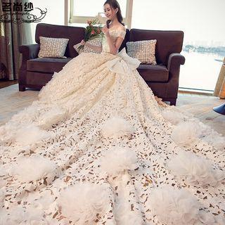Embellished Off Shoulder A-line Wedding Gown With Train