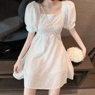 Puff-sleeve Square-neck Lace A-line Dress