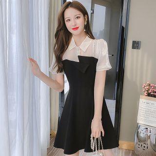 Short-sleeve Collar Two-tone Mini A-line Dress
