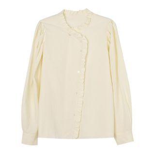 Long-sleeve Stand-collar Plain Ruffled-trim  Shirt