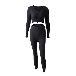 Set: Drawstring Long-sleeve Crop Top + Skinny Pants