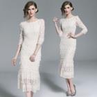 Embroidered Lace Trim 3/4-sleeve Midi Sheath Dress
