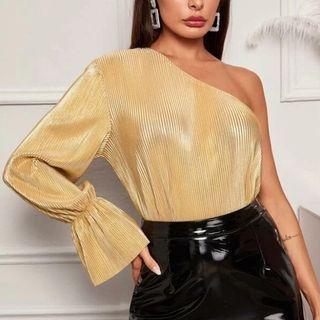 One-shoulder Bell-sleeve Corduroy Top