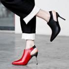 Faux Leather Color Panel Slingback Pointed High-heel Ankle Boots