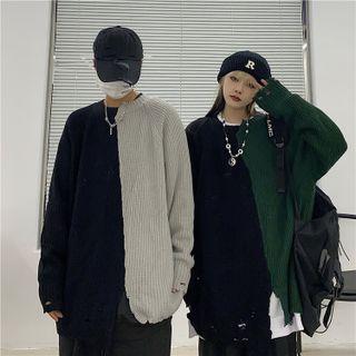 Couple Matching Two-tone Asymmetrical Distressed Sweater
