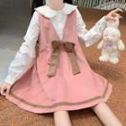Long-sleeve Frill Trim Rabbit Ear Blouse / Bow-front A-line Corduroy Pinafore Dress