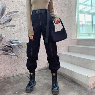 High-waist Multi-pocket Zip Jogger Pants With Belt