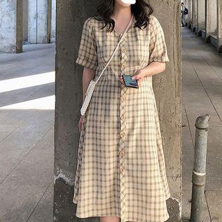 Short-sleeve Plaid Drawstring Waist Dress