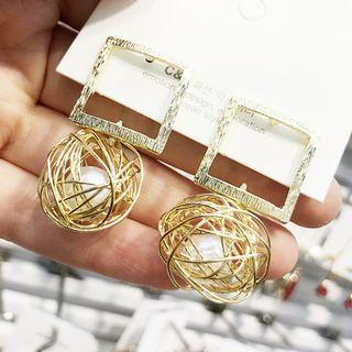 Wirework Caged Faux Pearl & Square Dangle Earring As Shown In Figure - One Size