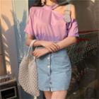 Short-sleeve Cutout Long Top / Denim A-line Mini Skirt
